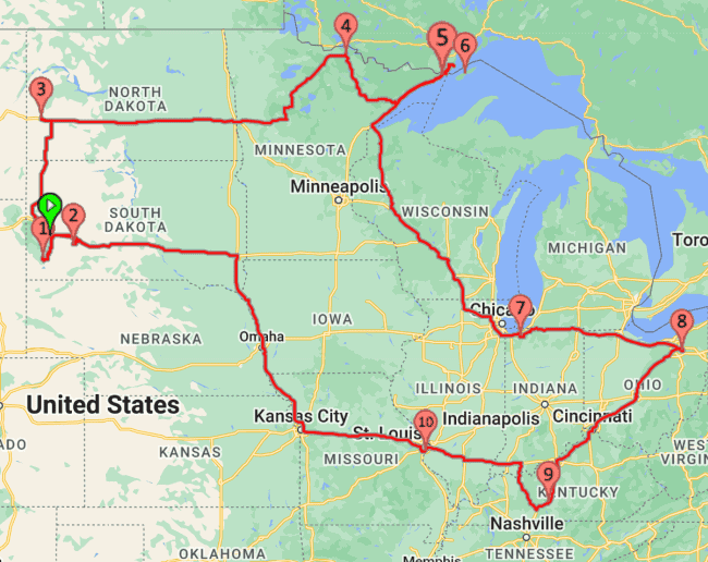 Map with the Midwest National Parks Mapped out