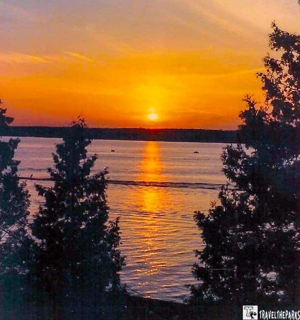 Sunset over the lake pine trees in the forground