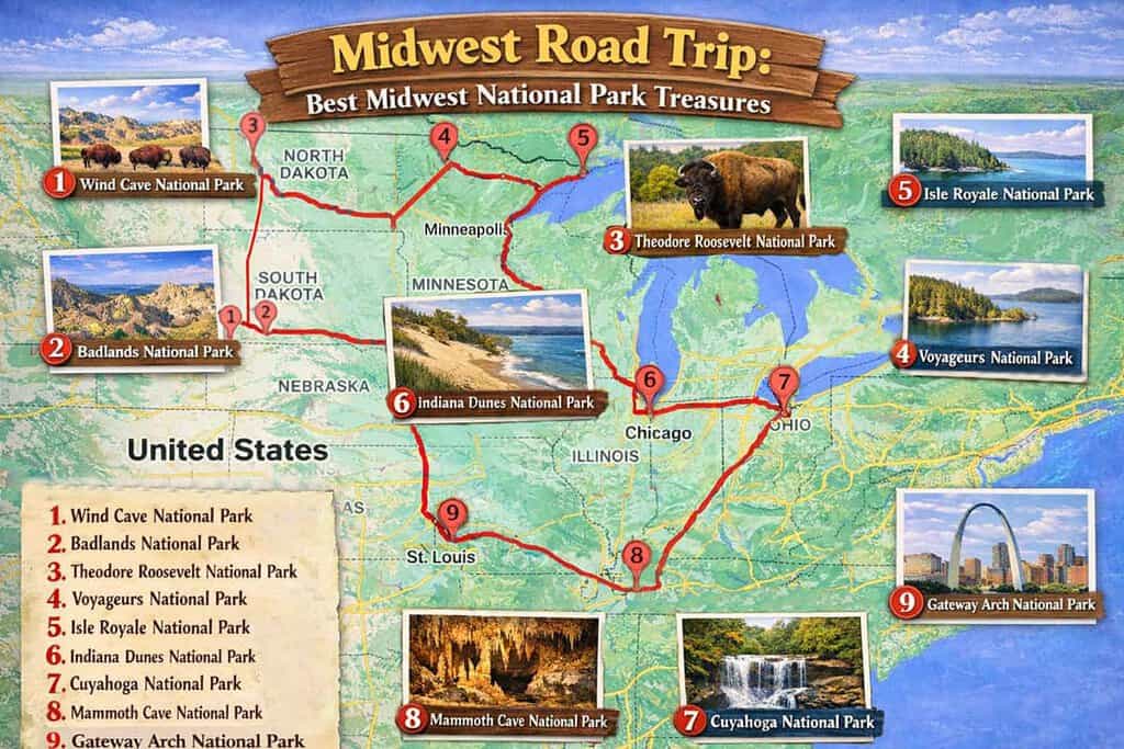 Map of a Midwest road trip highlighting nine national parks with images and numbers.

Transcribed Text:

Midwest Road Trip: Best Midwest National Park Treasures

Wind Cave National Park
Badlands National Park
Theodore Roosevelt National Park
Voyageurs National Park
Isle Royale National Park
Indiana Dunes National Park
Cuyahoga National Park
Mammoth Cave National Park
Gateway Arch National Park