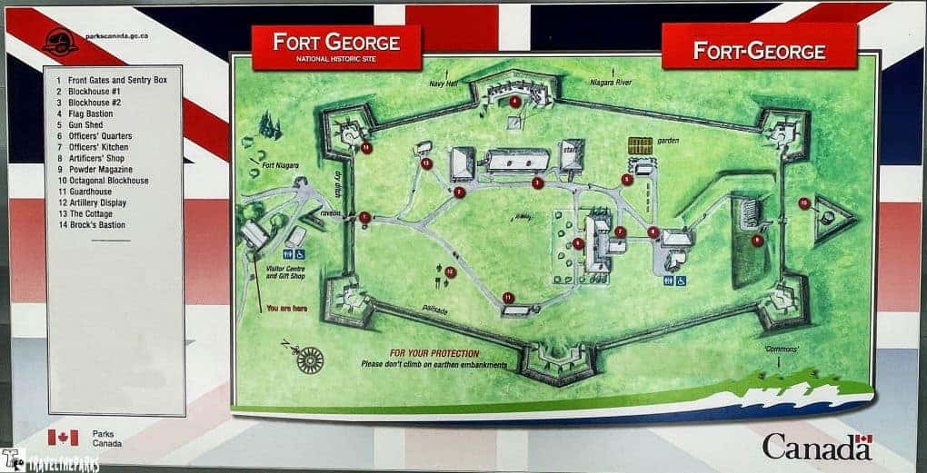 Map of Fort George National Historic Site, showing numbered locations of historical structures and features.