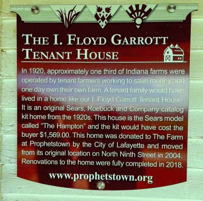 Plaque describing the I. Floyd Garrott Tenant House history in Prophetstown State Park.