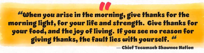" When you arise in the morning,give thanks for the morning light, for your life and strength,=. Give thanks for your food, and the joy of living. If you see no reason for giving thanks, the fault lies with yourself." Chief Tecumseh Shawnee Nation