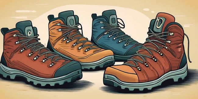 Illustration of four colorful hiking boots against a beige background.