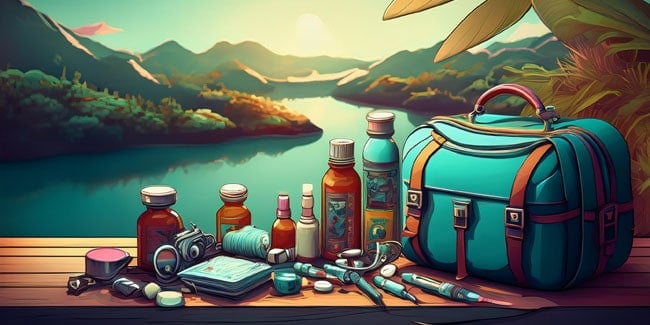 Cartoon image of the cedical supplies needed when traveling