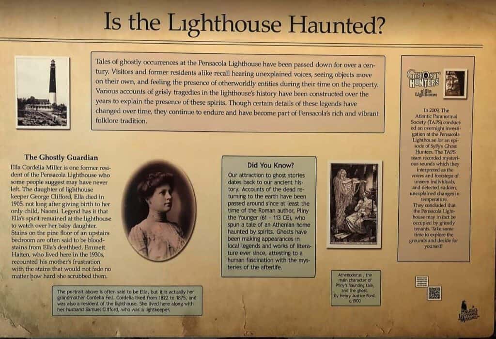 A historical exhibit poster titled "Is the Lighthouse Haunted?" discussing ghosts at the Pensacola Lighthouse with photos, text, and art.