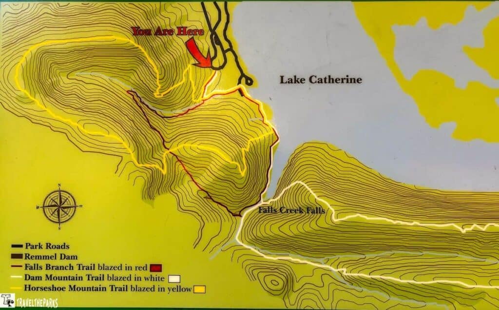 Trail map of Falls Creek Trail in Lake Catherine State Park showing trails, roads, and elevation with a