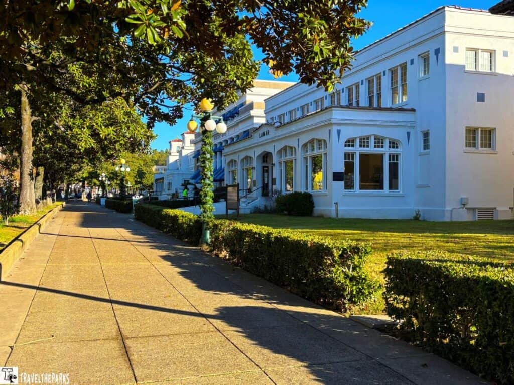 Tree-lined sidewalk beside a historic white building with "LAMAR" on its facade.