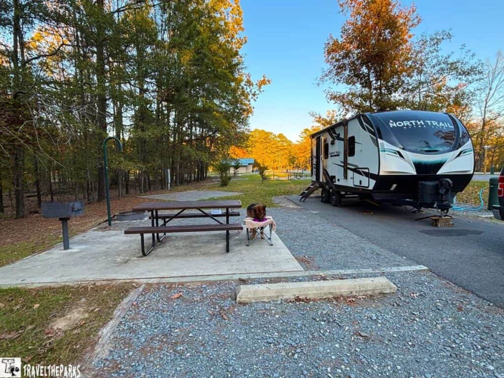 Campsite at Moro Bay State Park with an RV, picnic table, and dog.