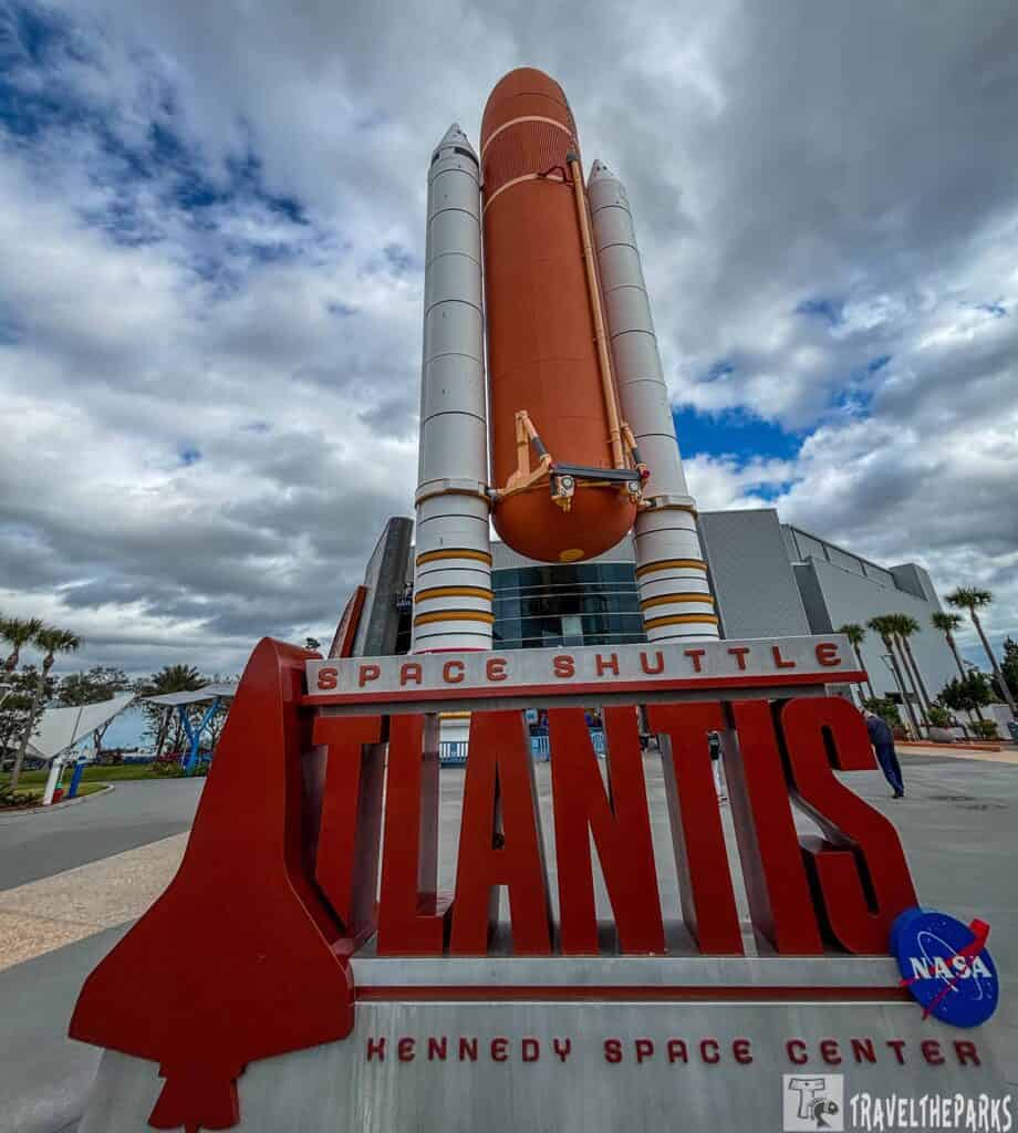 Display of the space shuttle Atlantis at Kennedy Space Center with external tank and boosters.