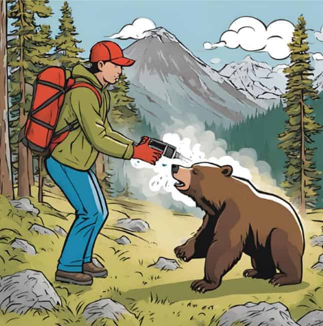 A hiker uses bear spray on a bear in a forest with mountains in the background.