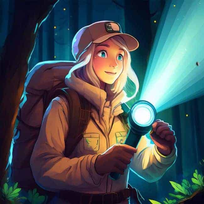 Person with cap and backpack in a dark forest, holding a flashlight.