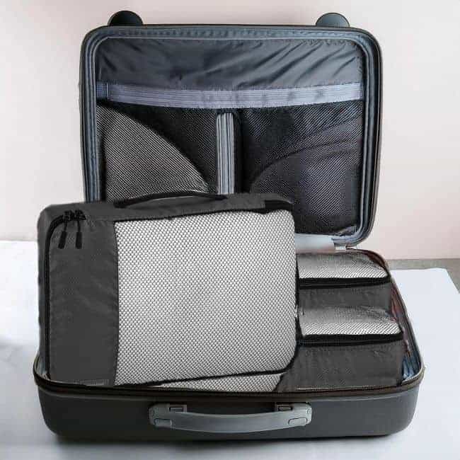 Open suitcase with organized packing cubes inside.