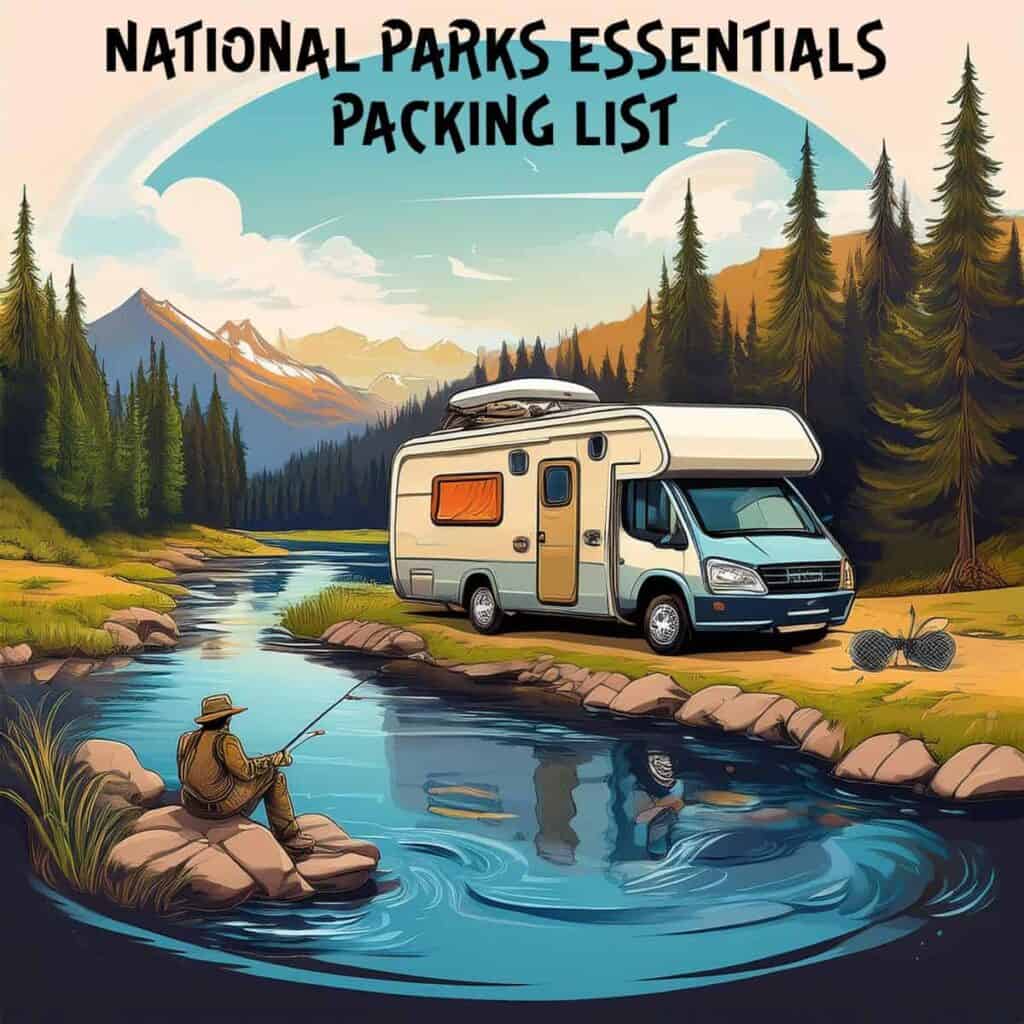 A camper van parked by a river with a person fishing, surrounded by trees and mountains.