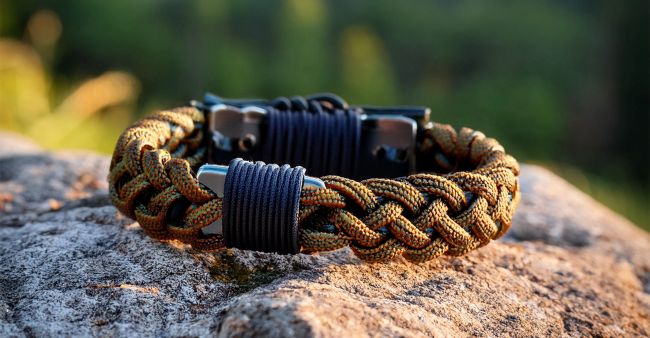 Braided paracord bracelet on a rock with a metallic clasp and black cord wrapping.