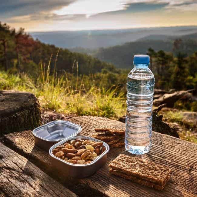 Picnic setup with a container of nuts, a water bottle, and crispbread on a wooden surface with a scenic forest backdrop.