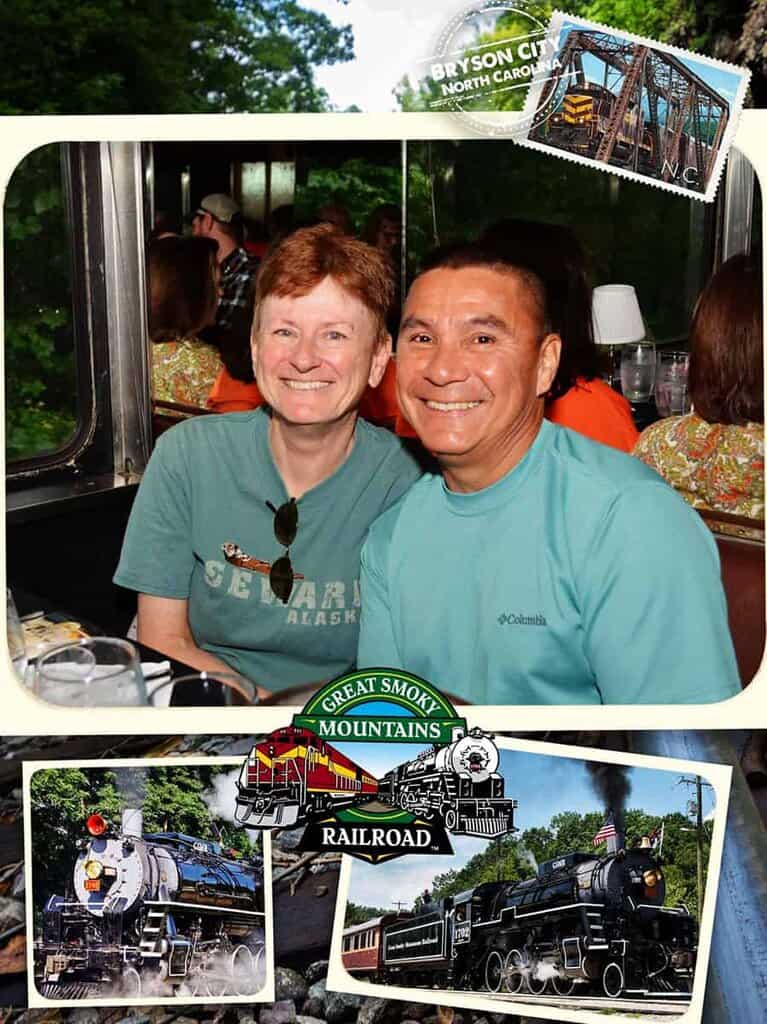 Collage with a couple inside a train, a Bryson City stamp, and images of steam locomotives with the Great Smoky Mountains Railroad logo.