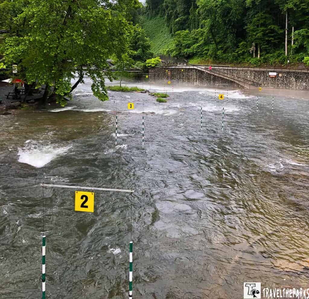 Slalom gates on the Nantahala River, marked with numbered yellow signs.