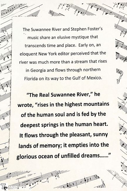 Text about the Suwannee River and Stephen Foster on sheet music background.