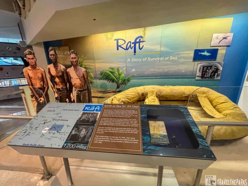 Exhibit titled "Raft: A Story of Survival at Sea" with life raft, cutouts of men, and informational panel.