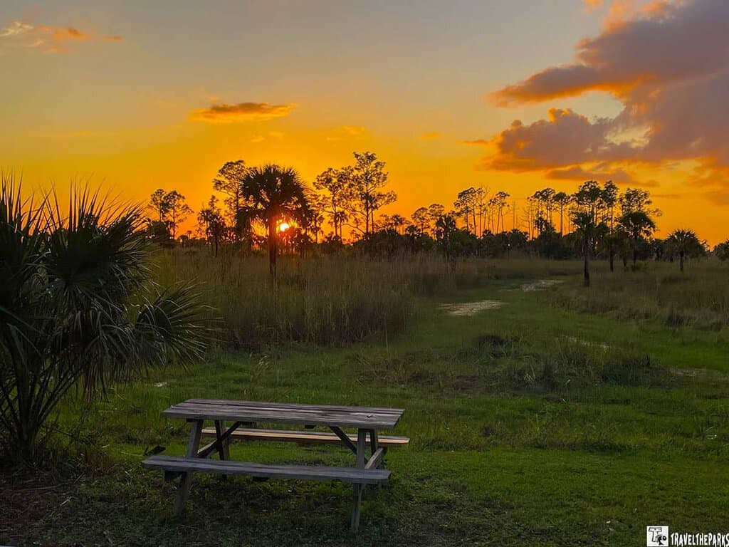 Sunset over a grassy field with a picnic table and silhouetted trees.