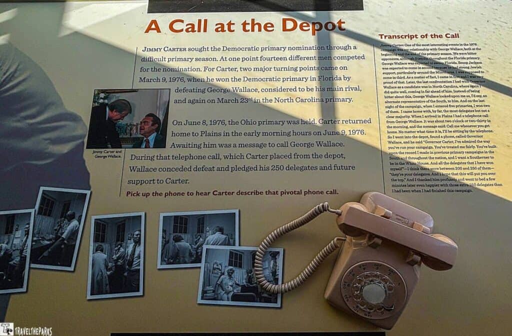 Exhibit panel titled "A Call at the Depot" with text, photos, and a rotary phone at the Jimmy Carter National Historic Park.