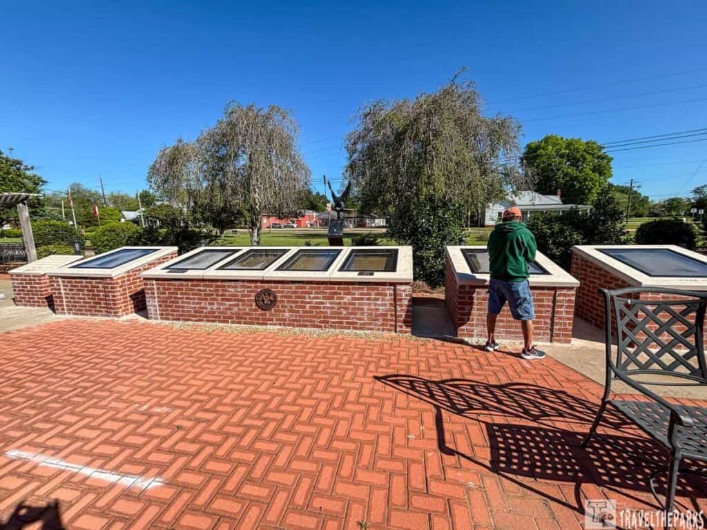 Outdoor exhibit with brick display cases and viewer. Encloses the Bill of Rights and the US constitution.
