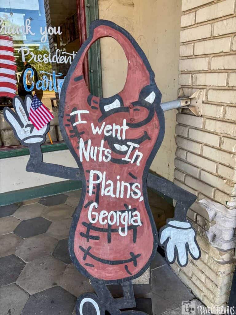 A cartoon peanut cutout with the text "I went Nuts In Plains, Georgia" holding an American flag.