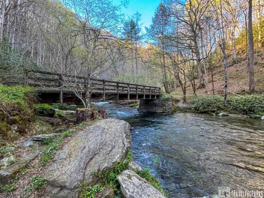 a serene natural scene with a small, wooden bridge crossing a tranquil stream. Tall trees with bare branches flank both sides of the stream, indicating a possible early spring or late autumn setting. Sunlight filters through the trees, casting long shadows on the forest floor and illuminating patches of grass and fallen leaves. In the background, dense woods extend upward with a mix of leafless trees and some green foliage. The stream flows gently under the bridge, with stones lining its banks.