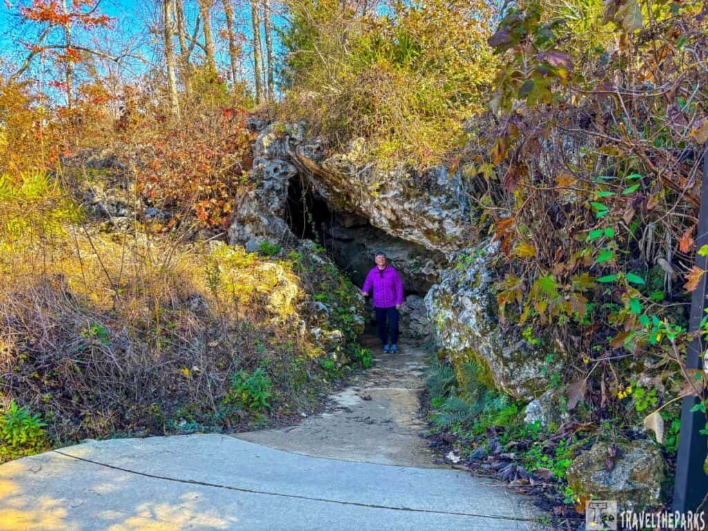 A person in a purple jacket stands at the entrance of a small cave, surrounded by rocky terrain and autumn foliage.