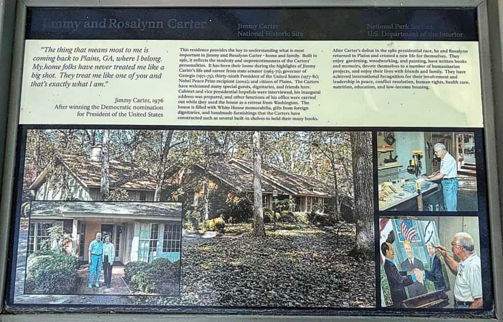 "Display board about Jimmy and Rosalynn Carter featuring text and images of their home, woodworking, and painting activities."