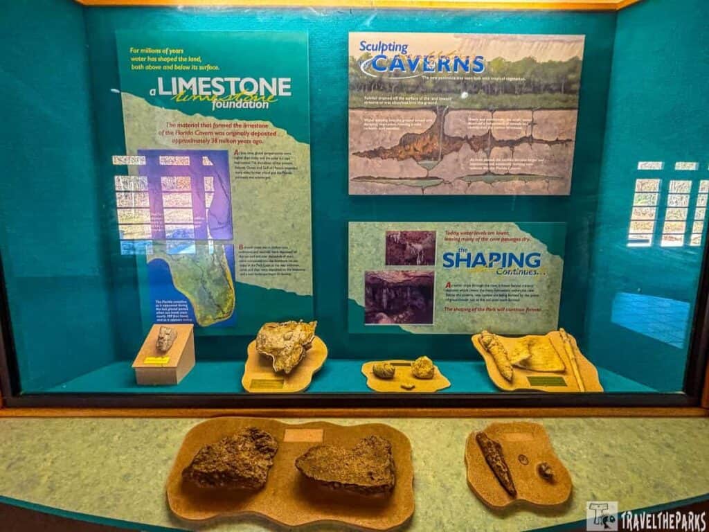 Exhibit display about geological features at Florida Caverns State Park with information panels and rock specimens.