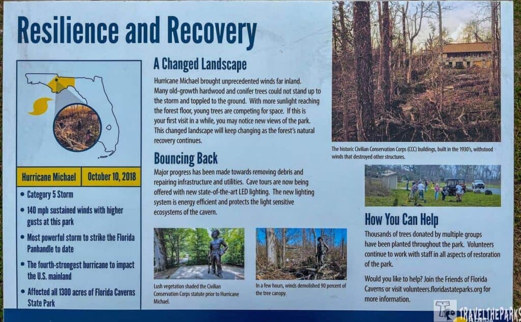 Informational display about the impact of Hurricane Michael on Florida Caverns State Park and recovery efforts.