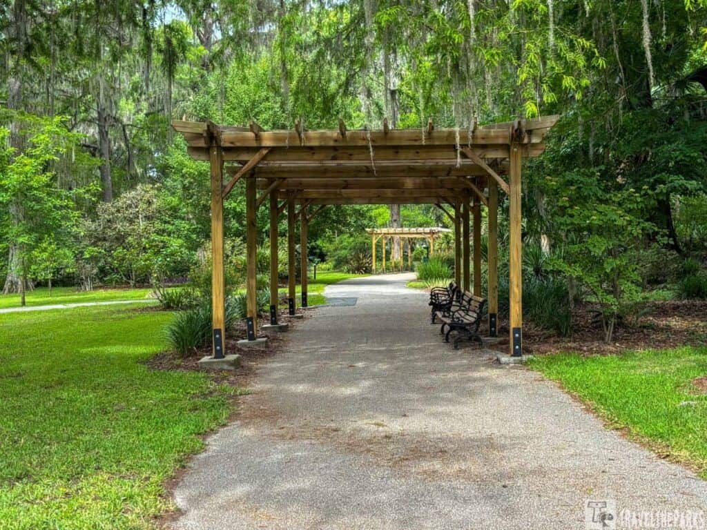 A path through a park with a wooden pergola and benches surrounded by greenery.