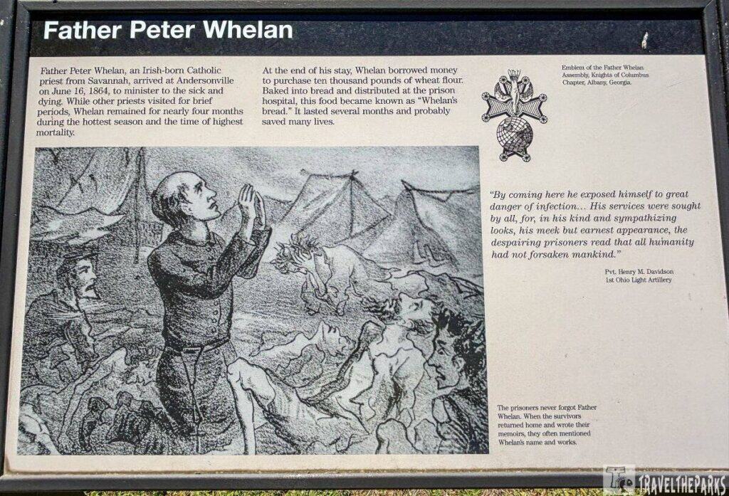 an informational panel about Father Peter Whelan. The panel includes a black and white illustration and several blocks of text. The illustration depicts Father Whelan, an Irish-born Catholic priest, kneeling and praying among a group of sick individuals lying on the ground. Behind them, there are tents, suggesting a camp or temporary shelter.