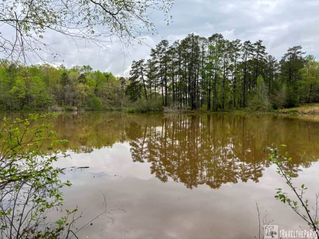 A tranquil pond with tree reflections at Hard Labor Creek State Park under an overcast sky.