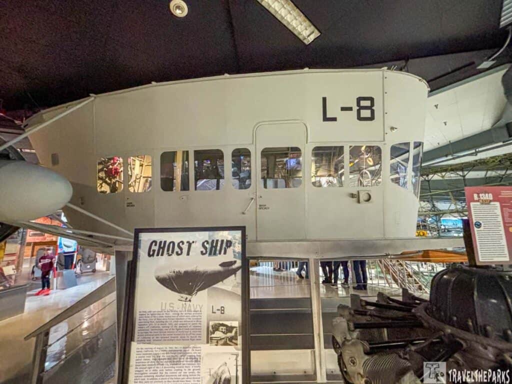 Exhibit of the L-8 airship gondola with display titled "Ghost Ship" in a museum.
