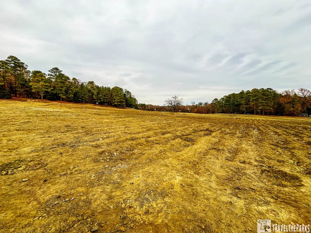 A barren field with an uneven, yellowish-brown surface, bordered by a line of trees under an overcast sky.