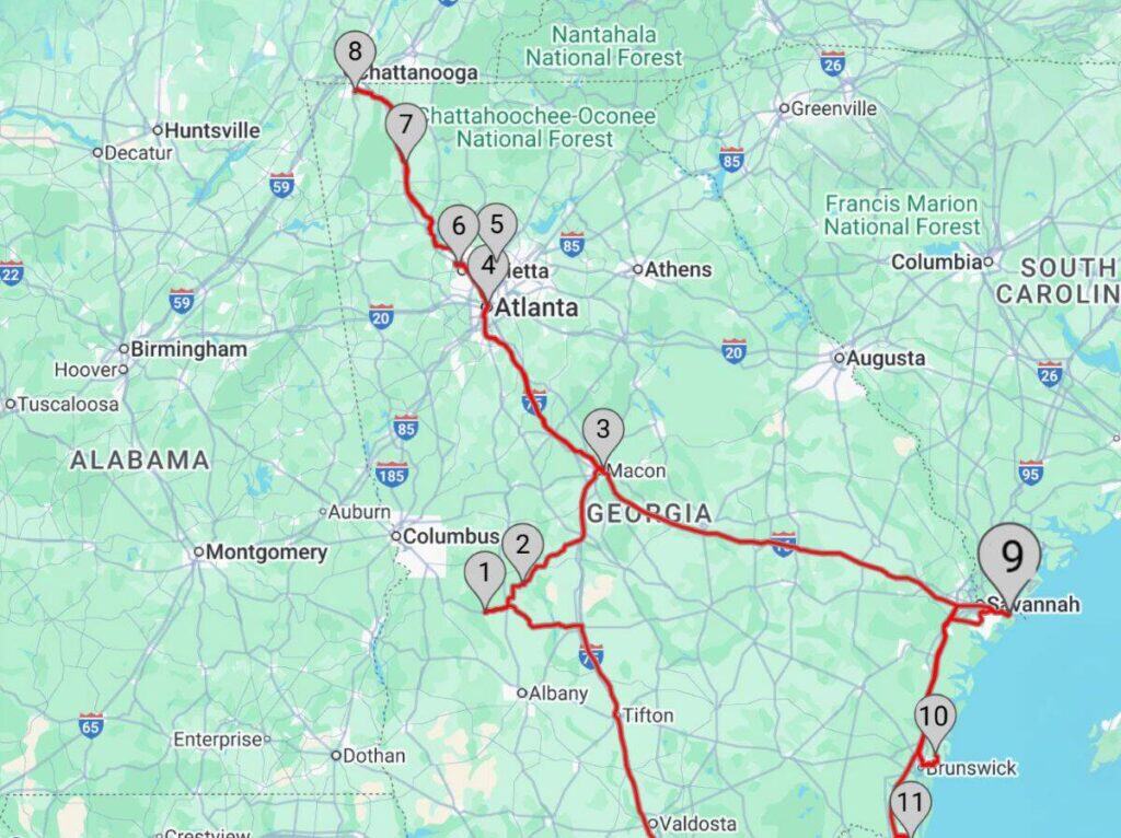 A map showing 11 destinations on a Georgia Road Trip advanture