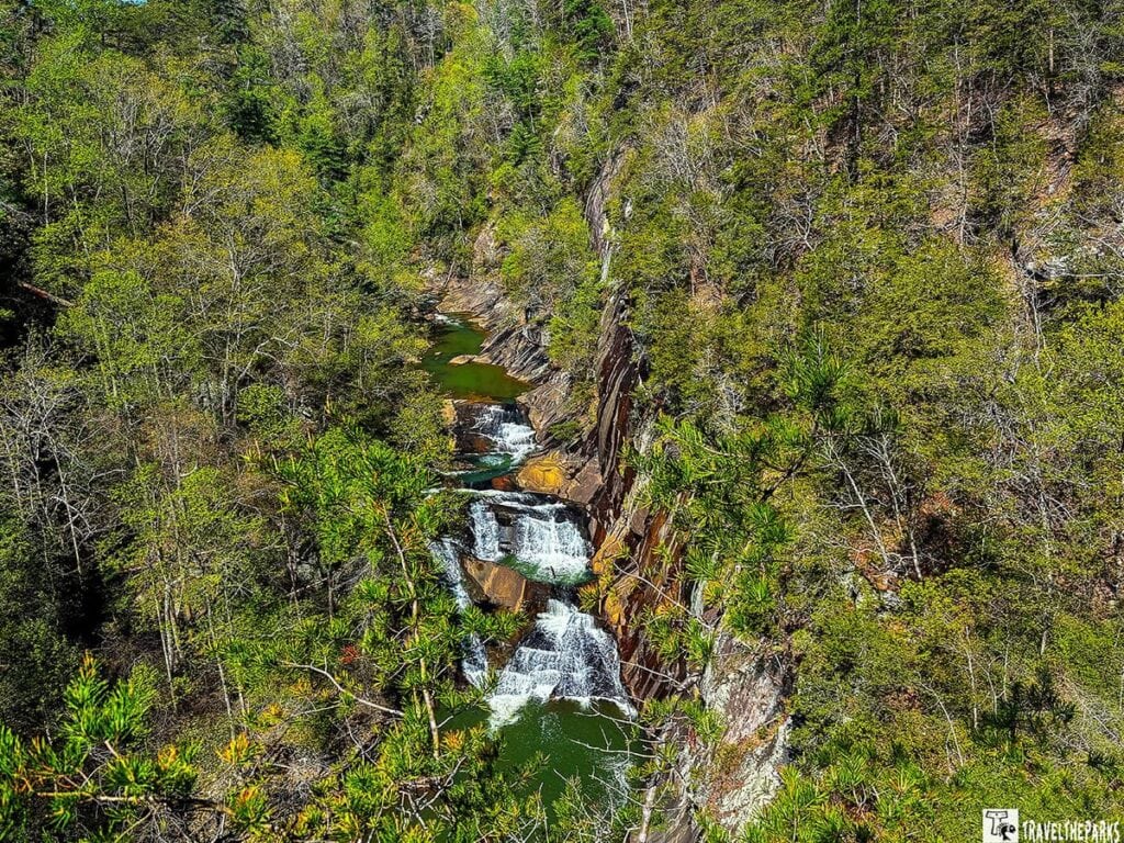 L’Eau d’Or Falls within Tallulah Gorge State Park. The waterfall cascades over a series of rocky ledges into a green pool below, surrounded by dense greenery. Multiple tiers of water flow down dark, textured rocks, creating white splashes and foamy textures. The surrounding area is lush with a mix of green trees and underbrush lining the steep gorge walls. The foliage is dense, giving a vibrant contrast to the darker rock formations. The image's foreground includes branches and leaves, framing the scene with vivid greenery. The overall composition captures the raw, natural beauty and depth of the gorge.