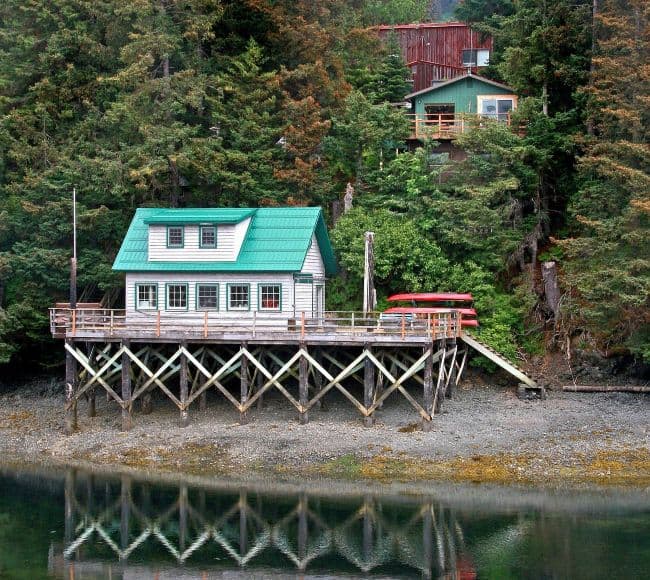 A coastal house on stilts with a green roof in Seldovia, surrounded by trees with reflections on the water.