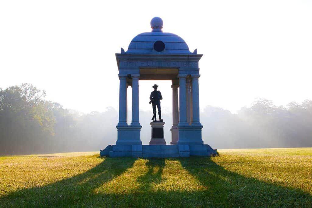 An early sunrise lights the Florida Monument in Chickamauga Battlefield