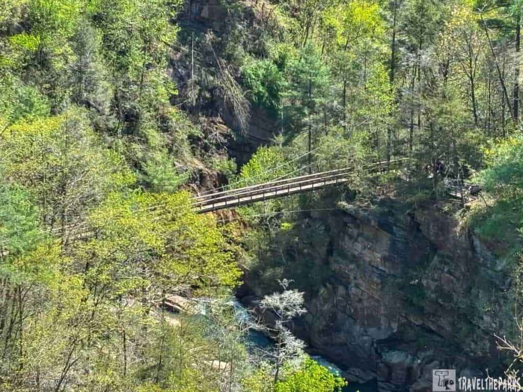 A wooden suspension bridge spans a lush forested Tallulah Gorge State Park with rocky cliffs and a river below.