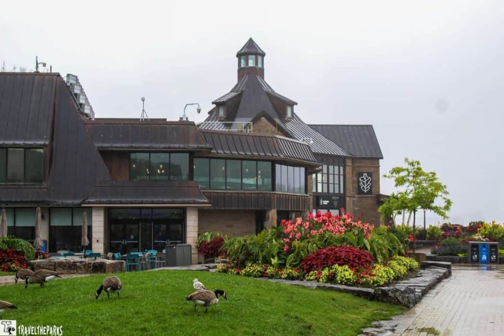 Table Rock Centre with a pitched roof, gardens, and grazing geese.