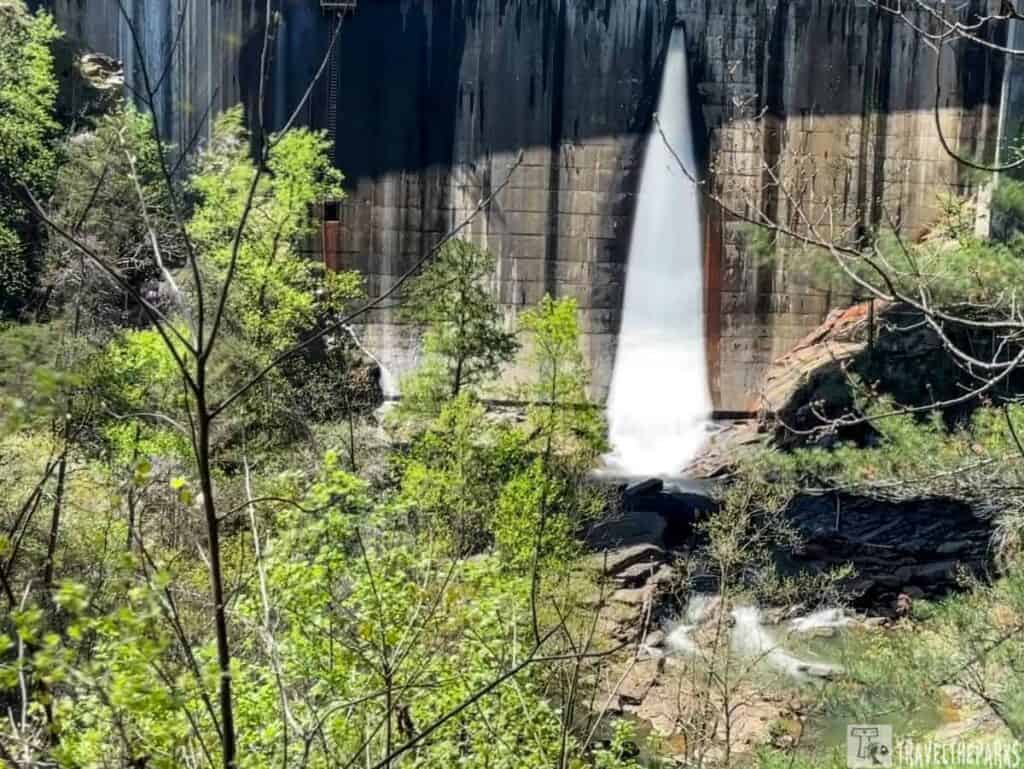 Falls cascading from a dam in a lush forested area at Tallulah Gorge State Park.