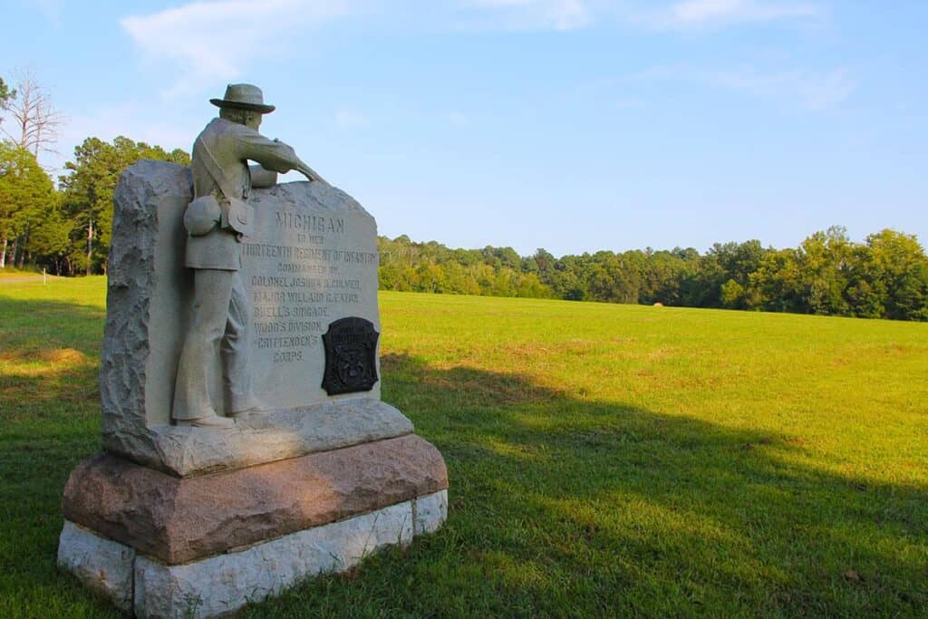 The 13th Michigan Monument, located in Viniard Field on the south end of the battlefield, is a frequently photographed landmark. It marks the position where the men of the regiment fought on September 19, 1863