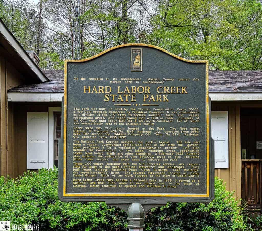 Historic marker for Hard Labor Creek State Park with detailed history.
