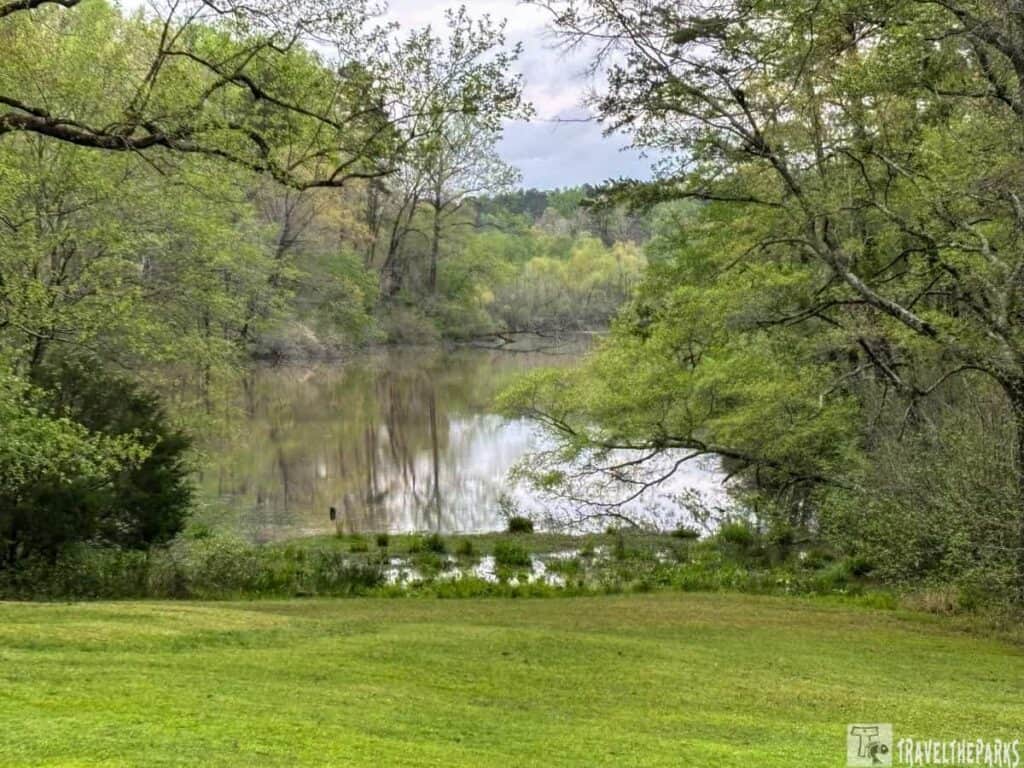 A tranquil lake Brantley surrounded by dense trees and green grass under a cloudy sky.