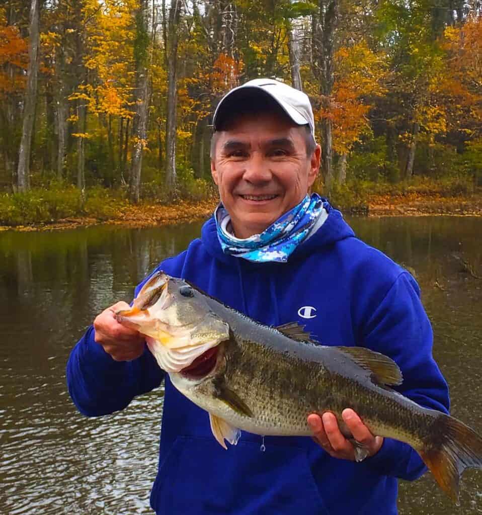 Person holding a large fish with a forested, autumnal background.

