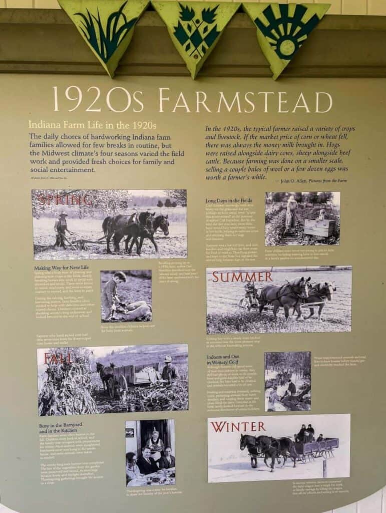 Display board about 1920s Indiana farm life with photos and text describing seasonal activities.