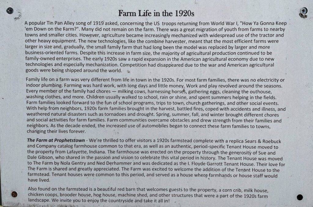 Plaque with text about farm life in the 1920s and The Farm at Prophetstown.